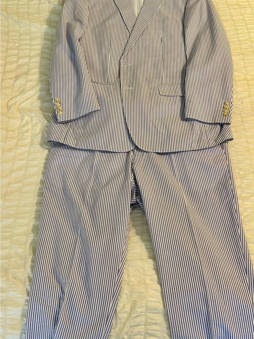 Blue and White Striped Seersucker Two-Piece Suit